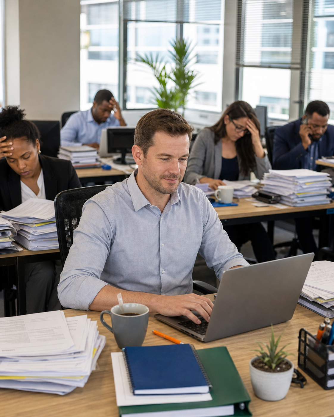 Emile working calmly on his laptop while overworked colleagues sit buried in paperwork around him